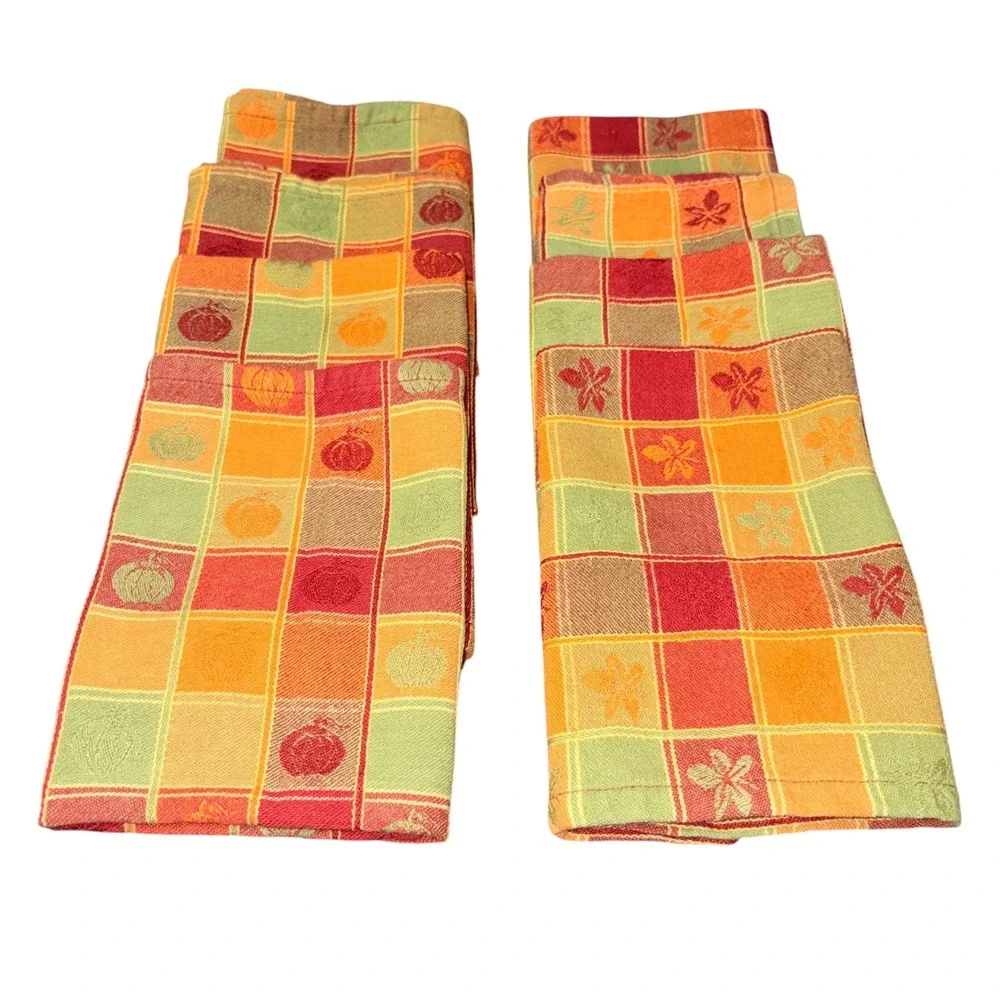 8 Vtg Fall Harvest Plaid Cloth Napkins Pumpkin Leaf Orange Red Green Square